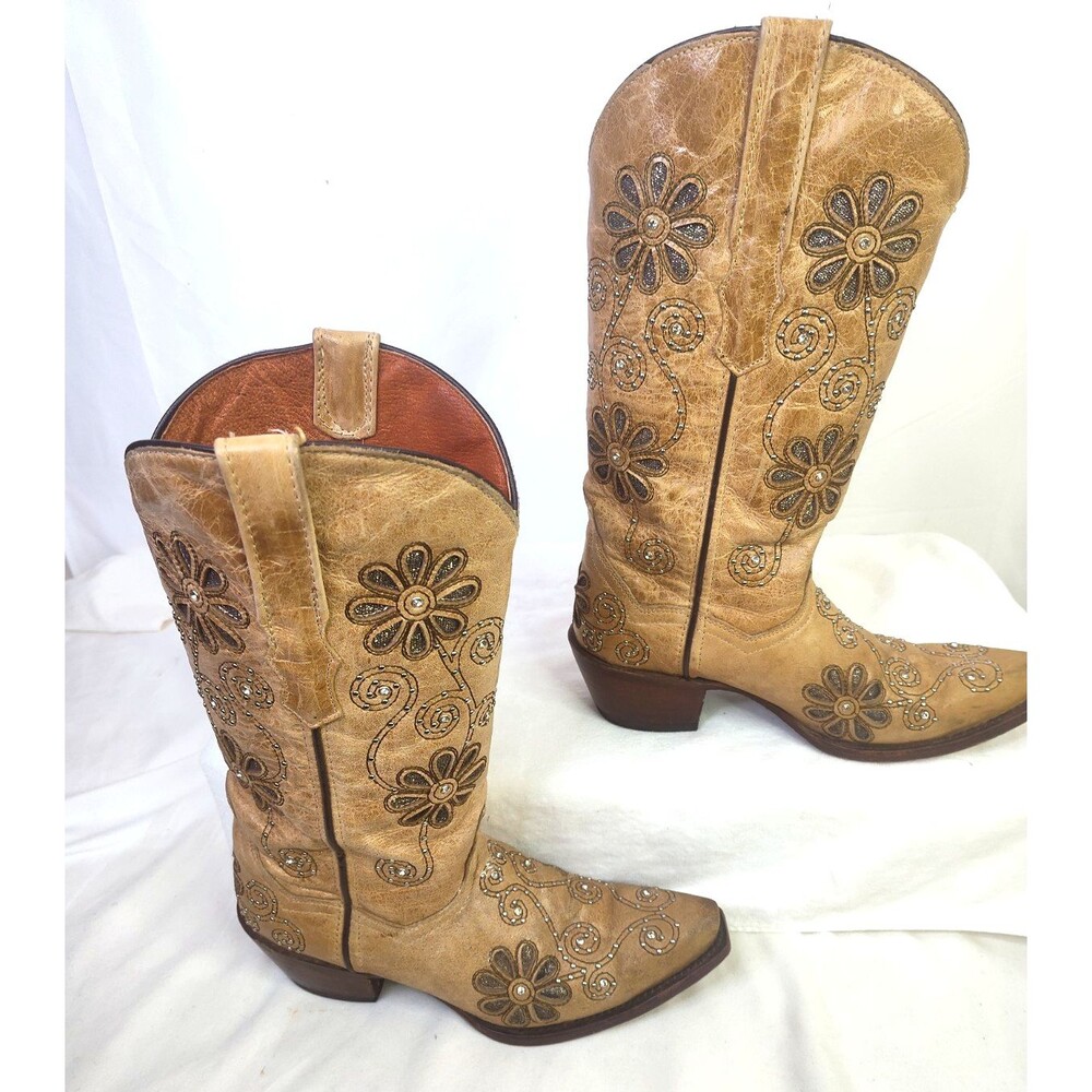 Golden Guns Western Rhinestone Studded Boots Womens Tan Floral Snip Toe Size 8
